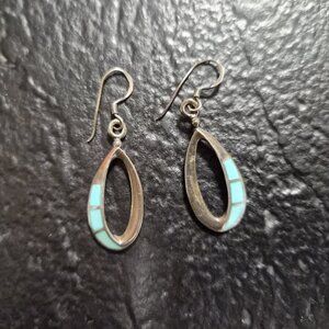 VTG Sterling Silver Turquoise Inlay Dangle Earrings – Southwestern Oval Boho